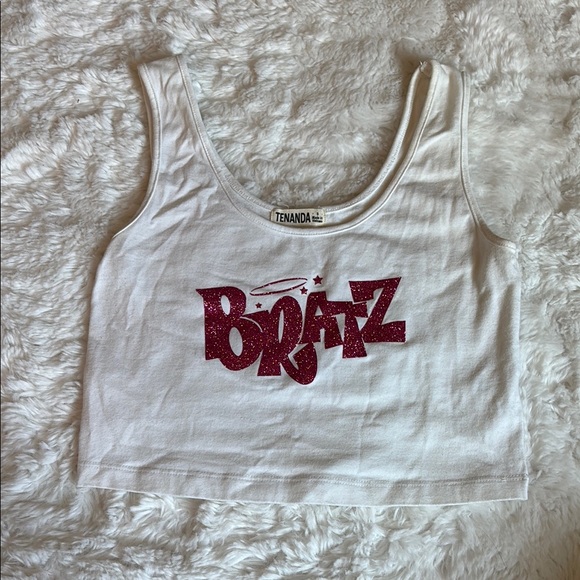 tenada Tops - White Pink Sleeveless Crop Tank Top Graphic NWOT